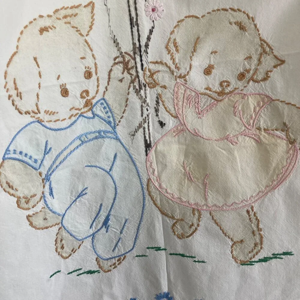 Vintage Hand Embroidered Applique Baby Crib Sheet Cover Puppies Dancing Maypole